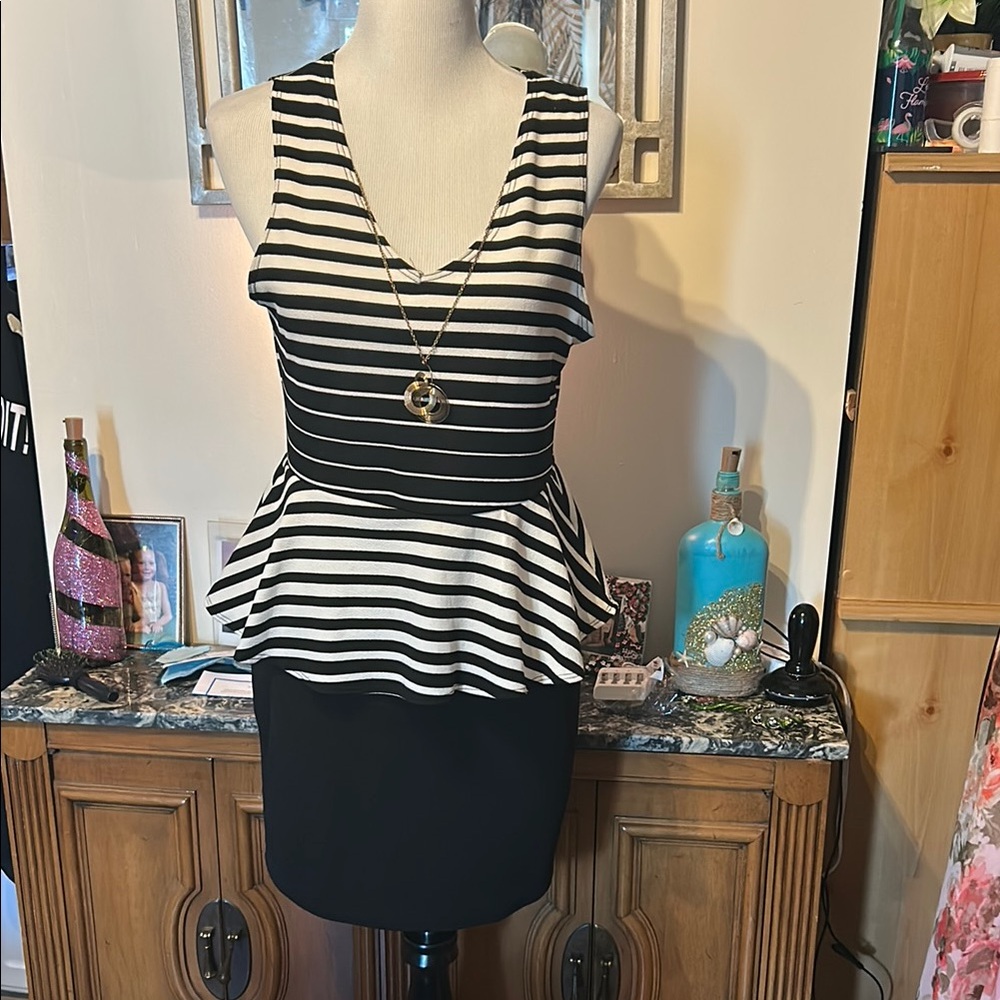 Striped Black and White Peplum Dress